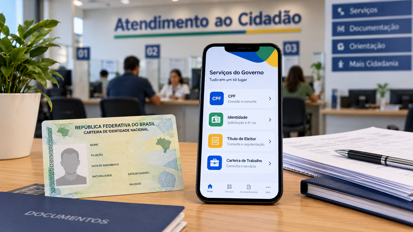 Atendimento ao cidadão com celular exibindo serviços de documentos, identidade, CPF e carteira de trabalho sobre mesa em posto público