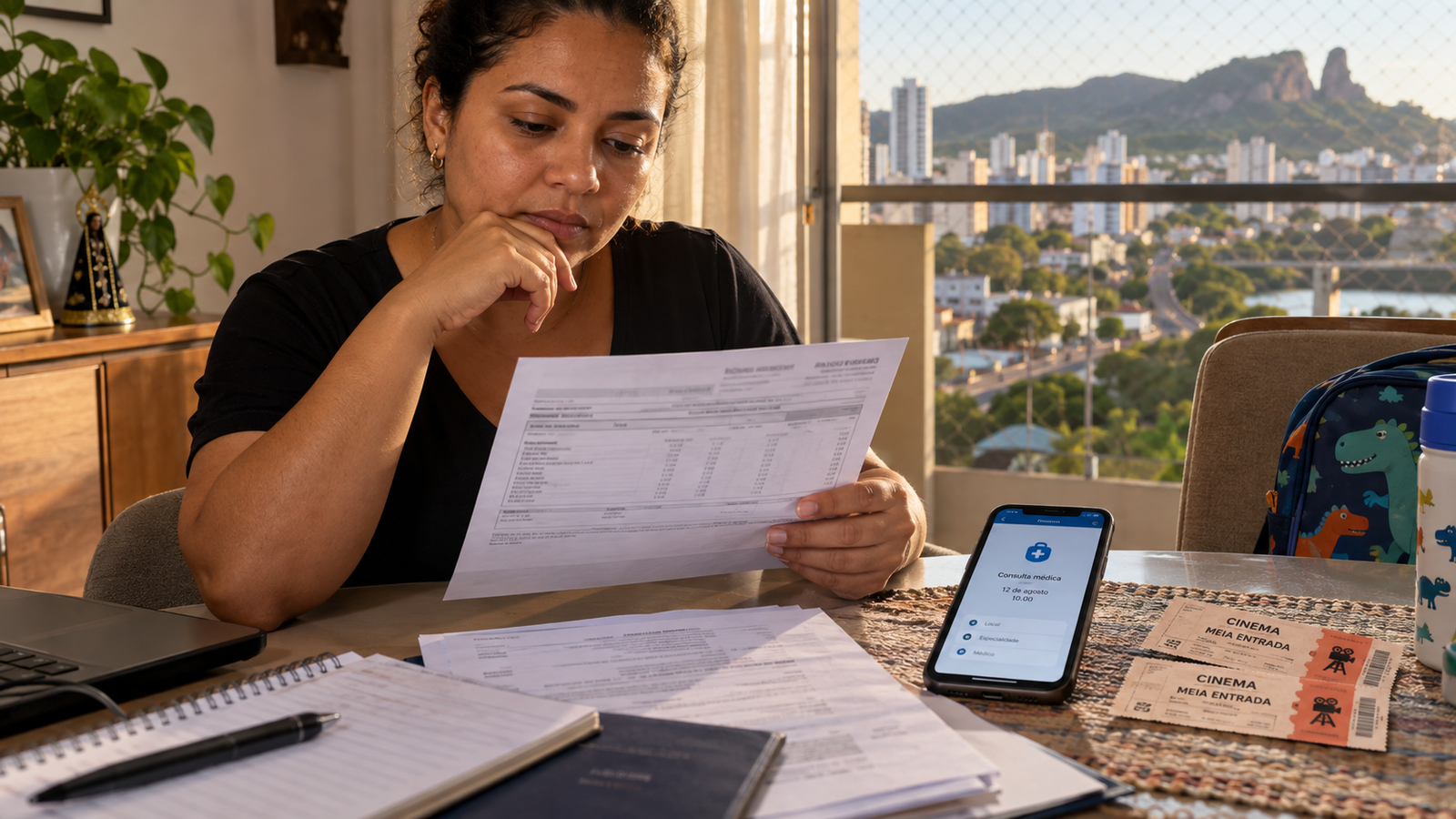 Trabalhador consultando informações sobre direitos trabalhistas, meia-entrada e descontos no salário