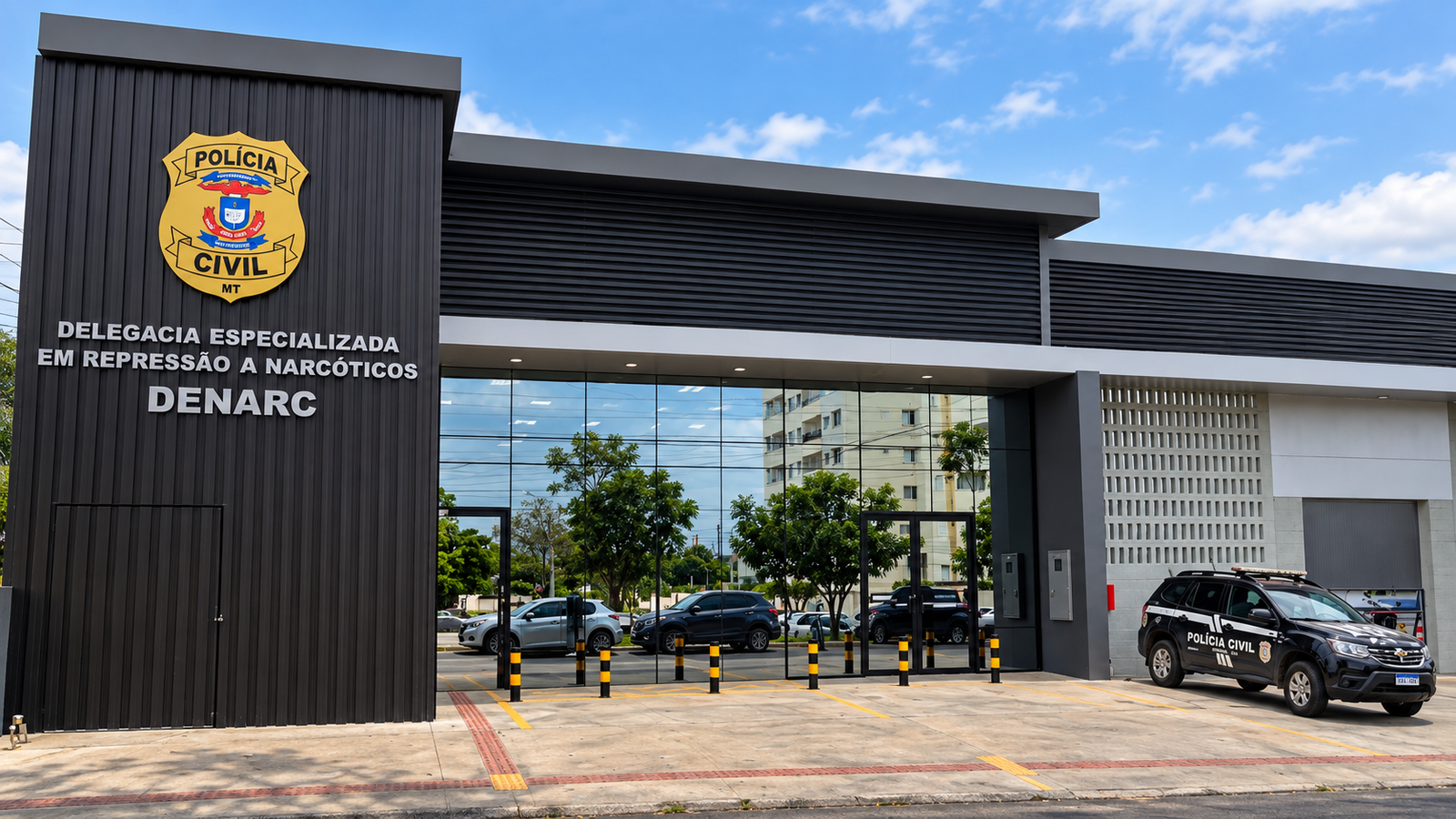 Fachada da Delegacia Especializada em Repressão a Narcóticos, Denarc, em Cuiabá