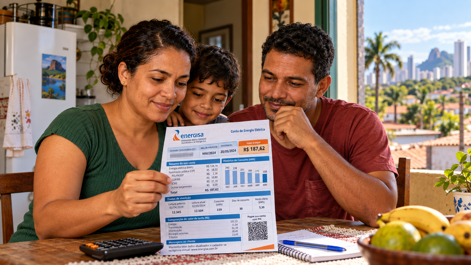 Família consultando conta de energia e benefício da Tarifa Social
